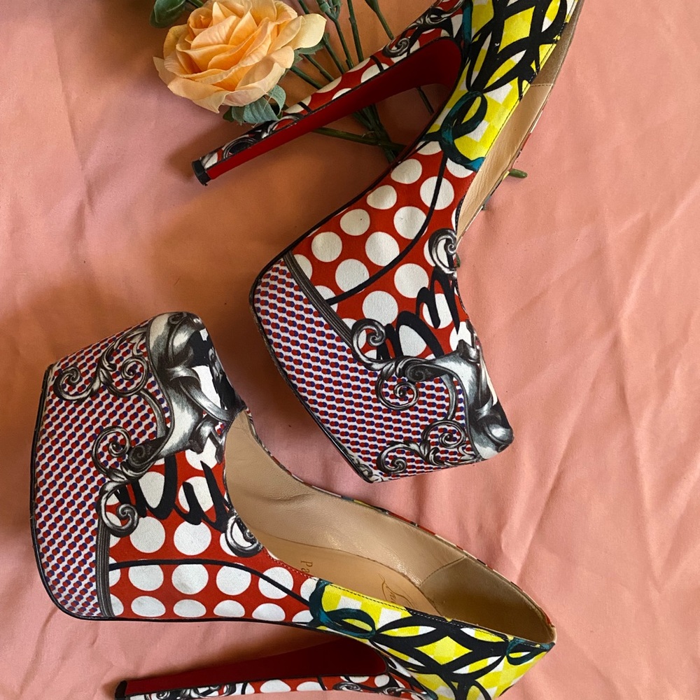 Christian Louboutin Daffodil Multicolored Print Fabric Platforms Pumps